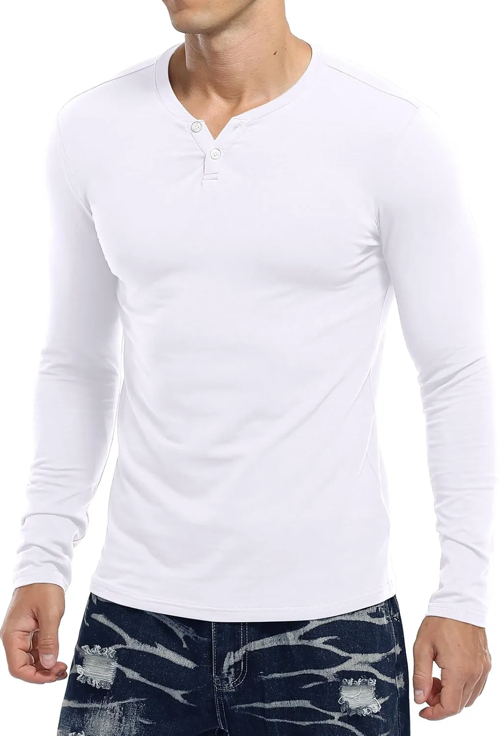 KUYIGO Mens Henley Shirts Slim Fit Long Sleeve Casual Button Fashion Cotton V Neck Tops Tee