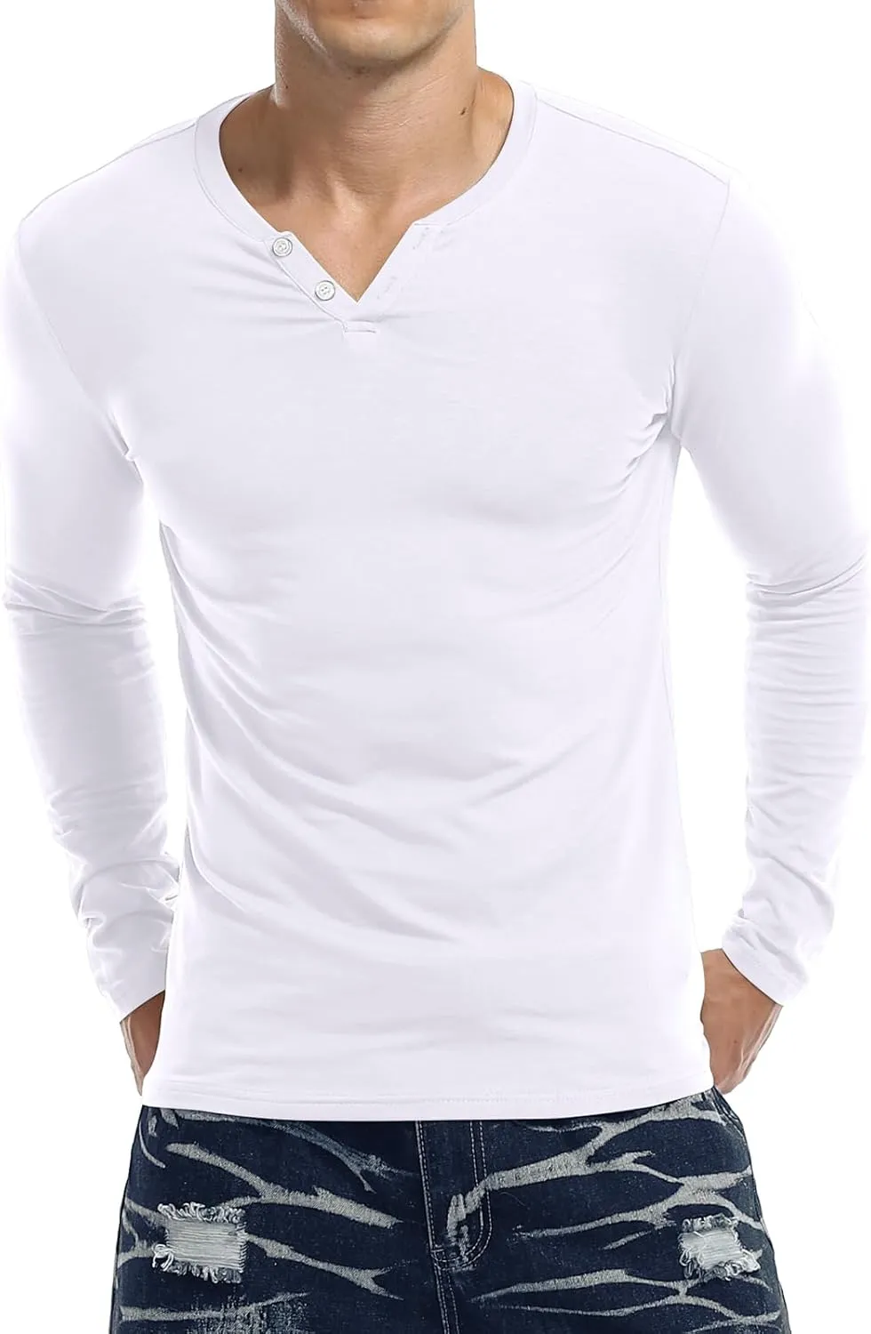 KUYIGO Mens Henley Shirts Slim Fit Long Sleeve Casual Button Fashion Cotton V Neck Tops Tee
