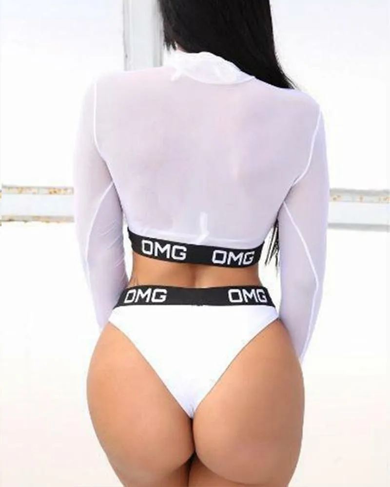Letter And Mesh Patchwork Long Sleeve Tops With Bra And Panties Bikini Sets