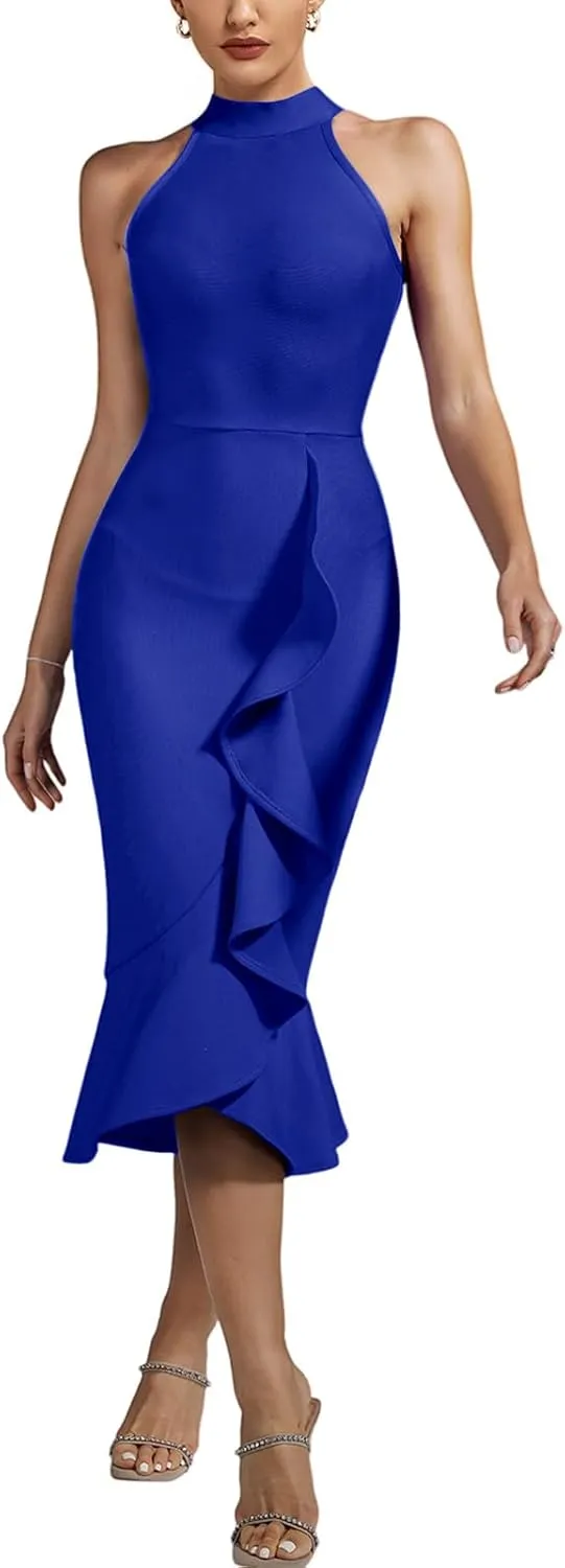 Maketina Women's Halter Mermaid Bandage Dresses Bodycon Ruffle Party Cocktail Wedding Guest Dress