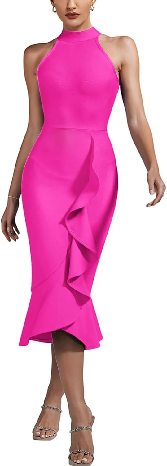 Maketina Women's Halter Mermaid Bandage Dresses Bodycon Ruffle Party Cocktail Wedding Guest Dress