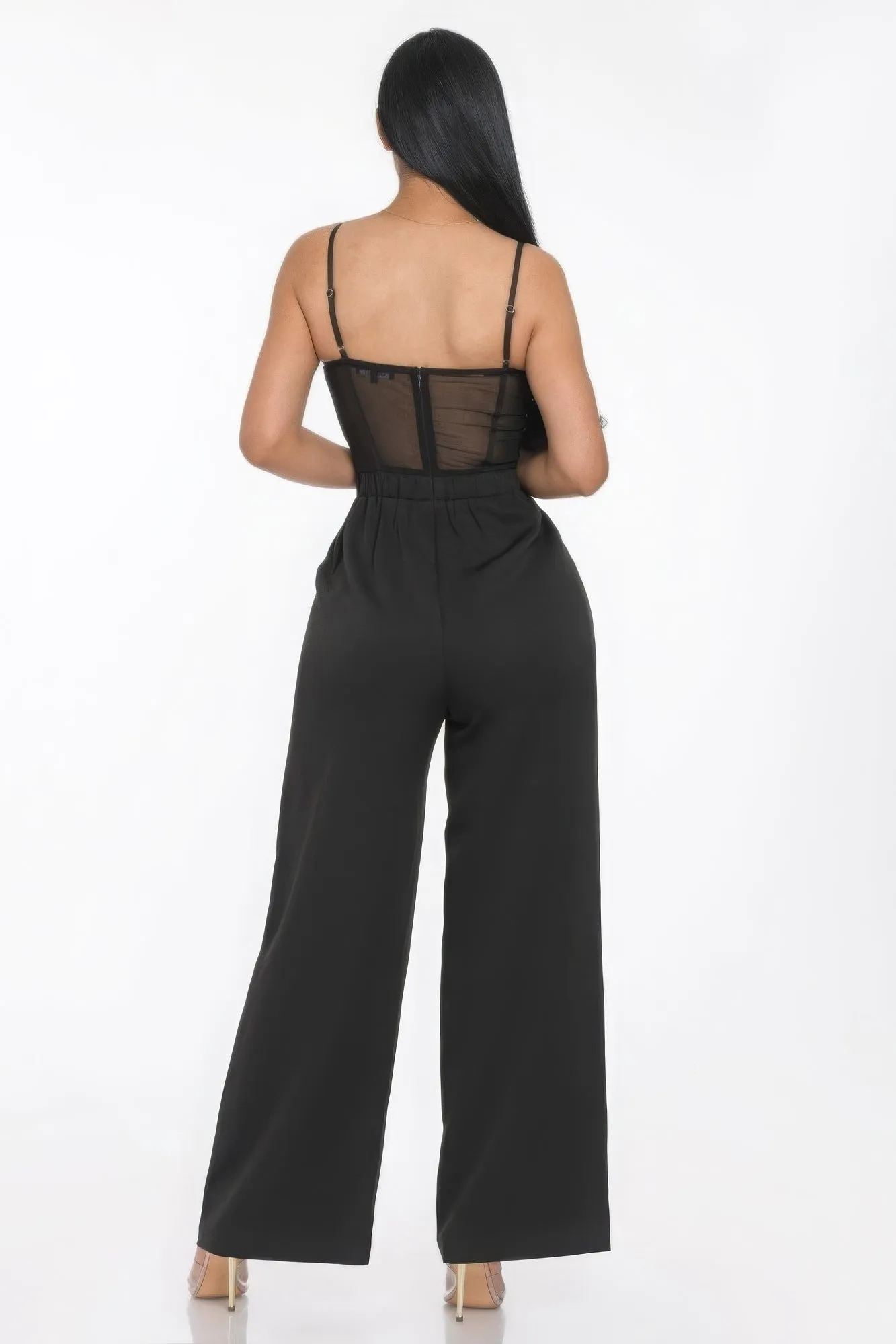 Mesh Insert Cup Wide Leg Women's Jumpsuit