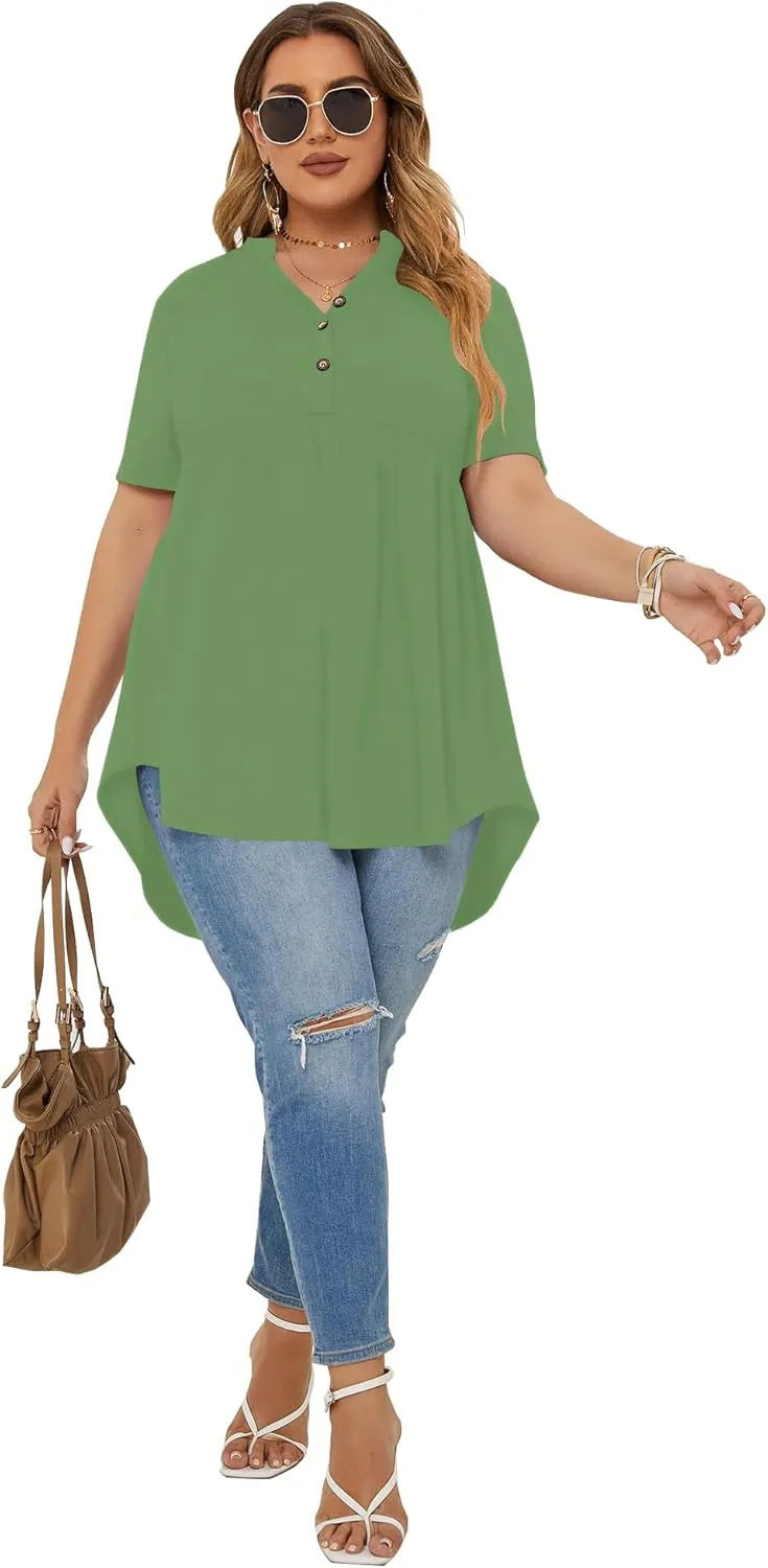 PLOKNRD Women's Plus Size Tops Short Sleeve Henley V Neck Button Up Flowy T Shirts Tunic Loose Blouses