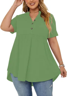 PLOKNRD Women's Plus Size Tops Short Sleeve Henley V Neck Button Up Flowy T Shirts Tunic Loose Blouses