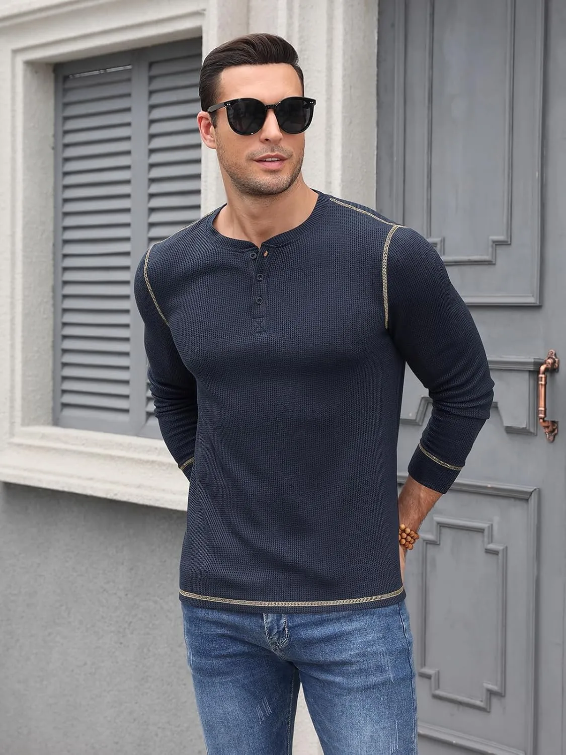 RQP Mens Henley Long Sleeve Waffle Knit Tee Fashion Button Fall Shirts