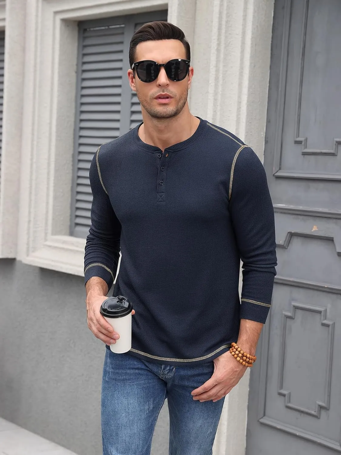 RQP Mens Henley Long Sleeve Waffle Knit Tee Fashion Button Fall Shirts
