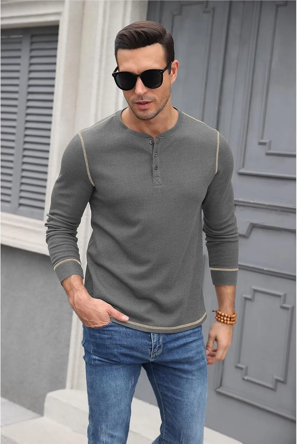 RQP Mens Henley Long Sleeve Waffle Knit Tee Fashion Button Fall Shirts