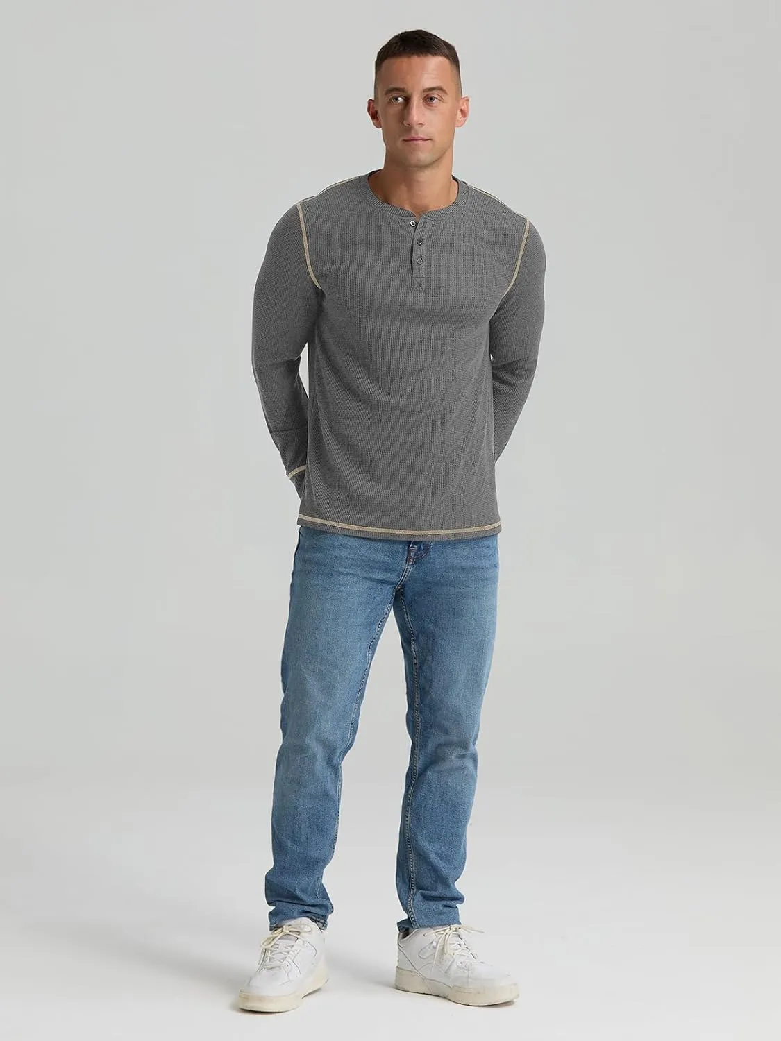 RQP Mens Henley Long Sleeve Waffle Knit Tee Fashion Button Fall Shirts
