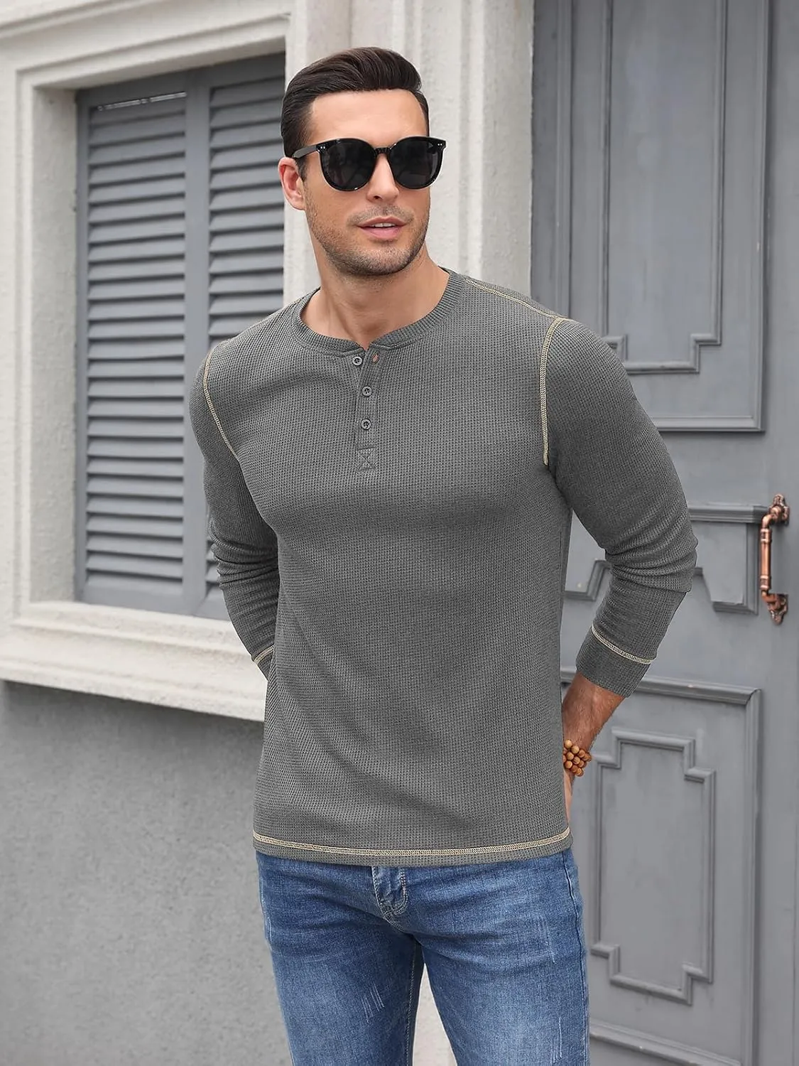 RQP Mens Henley Long Sleeve Waffle Knit Tee Fashion Button Fall Shirts