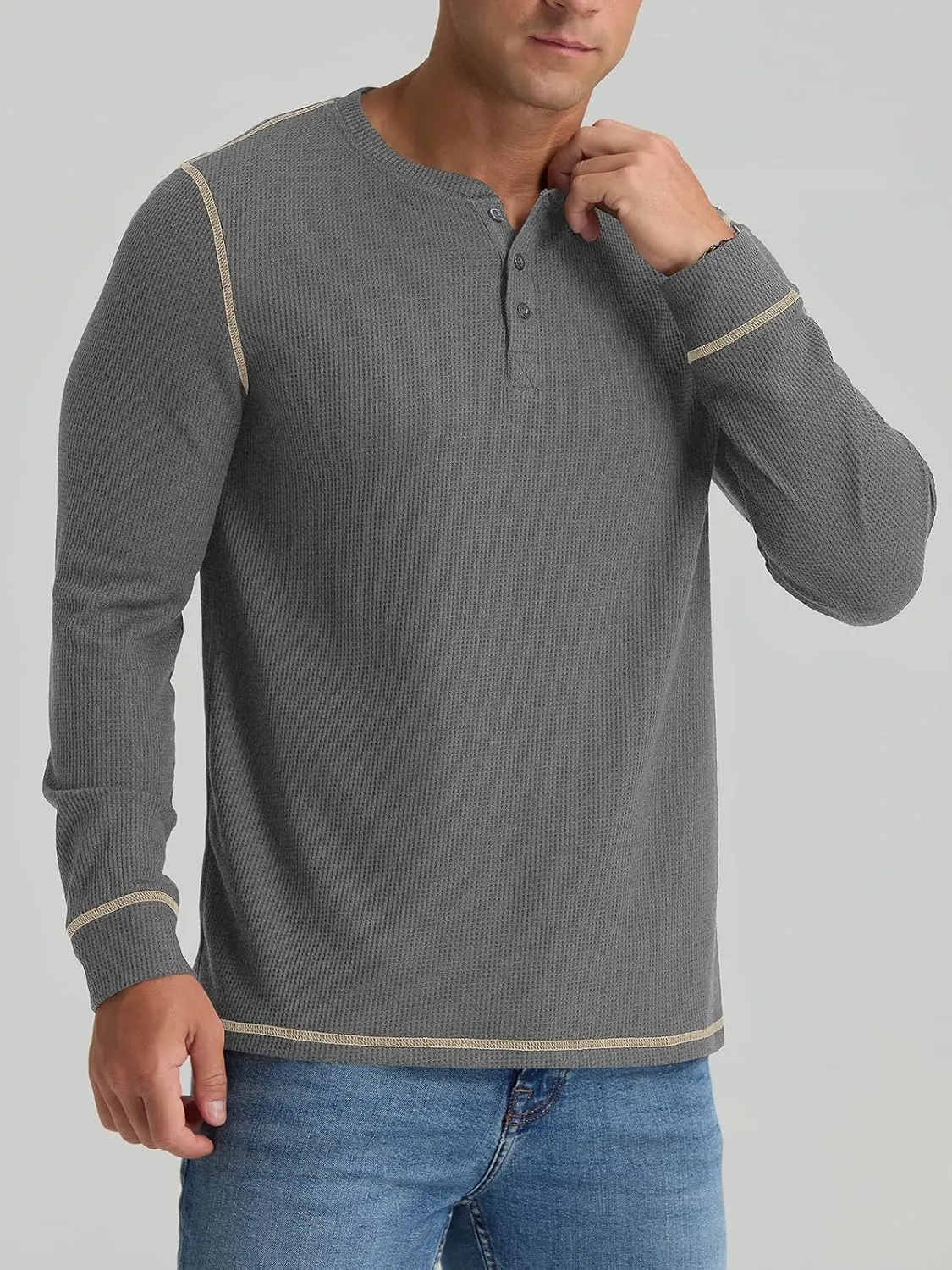 RQP Mens Henley Long Sleeve Waffle Knit Tee Fashion Button Fall Shirts