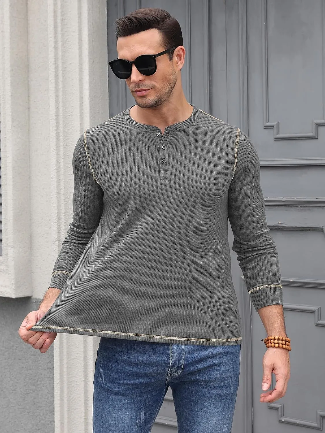 RQP Mens Henley Long Sleeve Waffle Knit Tee Fashion Button Fall Shirts