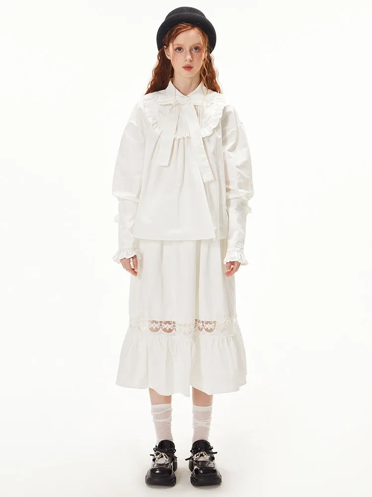 Ruffled Ribbon Shirt & Splicing Lace Skirt【s0000003552】
