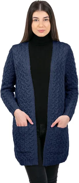SAOL Aran Coat for Women - Irish Open Front Fisherman Cardigan with Pockets - Merino Wool Made in Ireland