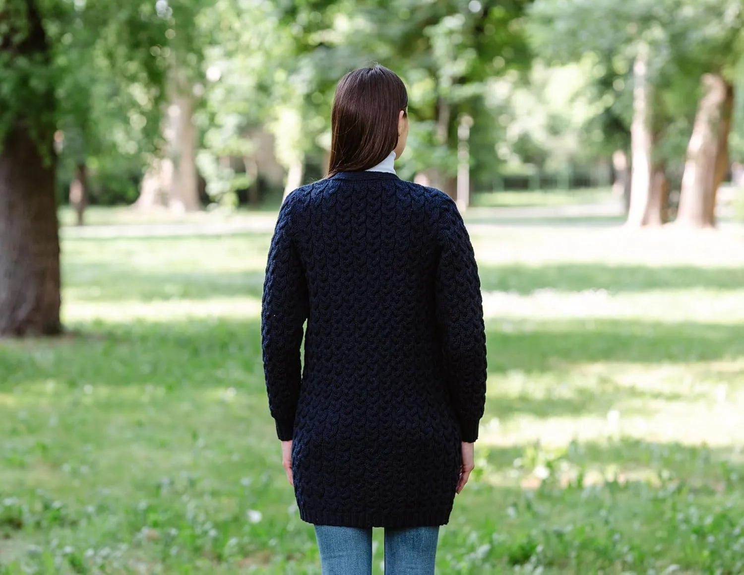 SAOL Aran Coat for Women - Irish Open Front Fisherman Cardigan with Pockets - Merino Wool Made in Ireland