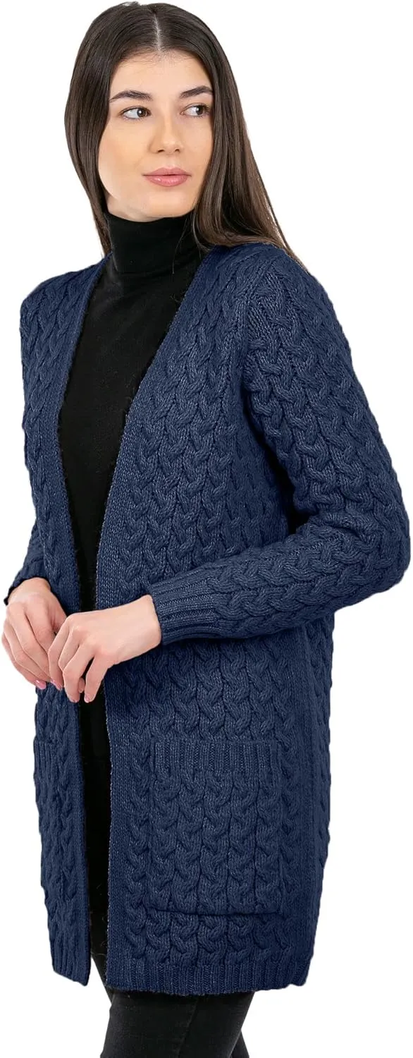 SAOL Aran Coat for Women - Irish Open Front Fisherman Cardigan with Pockets - Merino Wool Made in Ireland