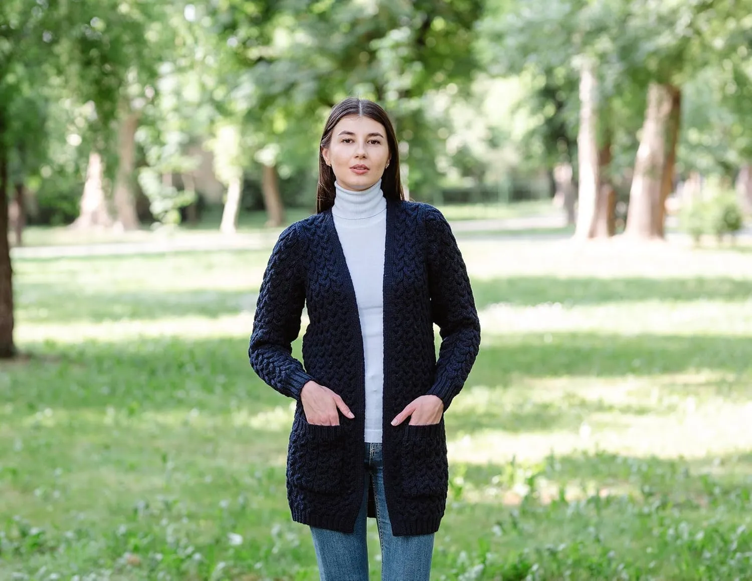 SAOL Aran Coat for Women - Irish Open Front Fisherman Cardigan with Pockets - Merino Wool Made in Ireland
