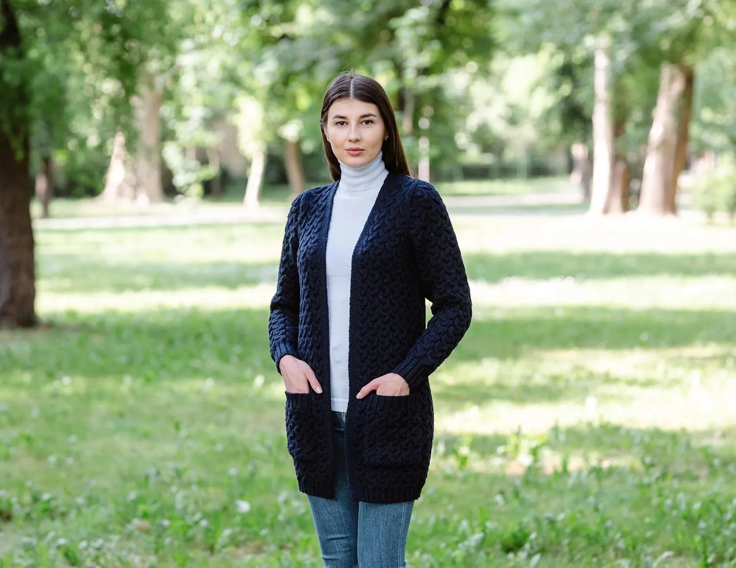 SAOL Aran Coat for Women - Irish Open Front Fisherman Cardigan with Pockets - Merino Wool Made in Ireland