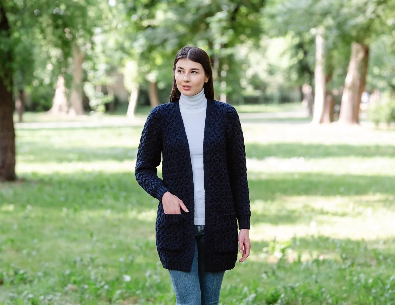 SAOL Aran Coat for Women - Irish Open Front Fisherman Cardigan with Pockets - Merino Wool Made in Ireland