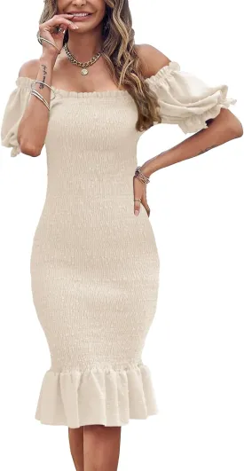 SENFURE Women's Summer Casual Midi Smocked Bodycon Dresses Puff Sleeve Square Neck Ruffle Mermaid Cocktail Dress