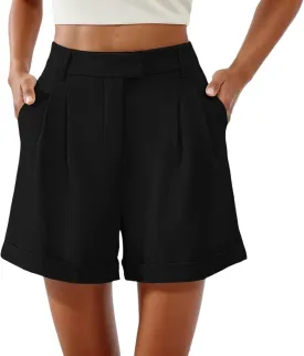 Shorts for Women Dressy Casual Summer Elastic Waist in The Back Pleated Wide Leg Tailored Work Trouser Shorts