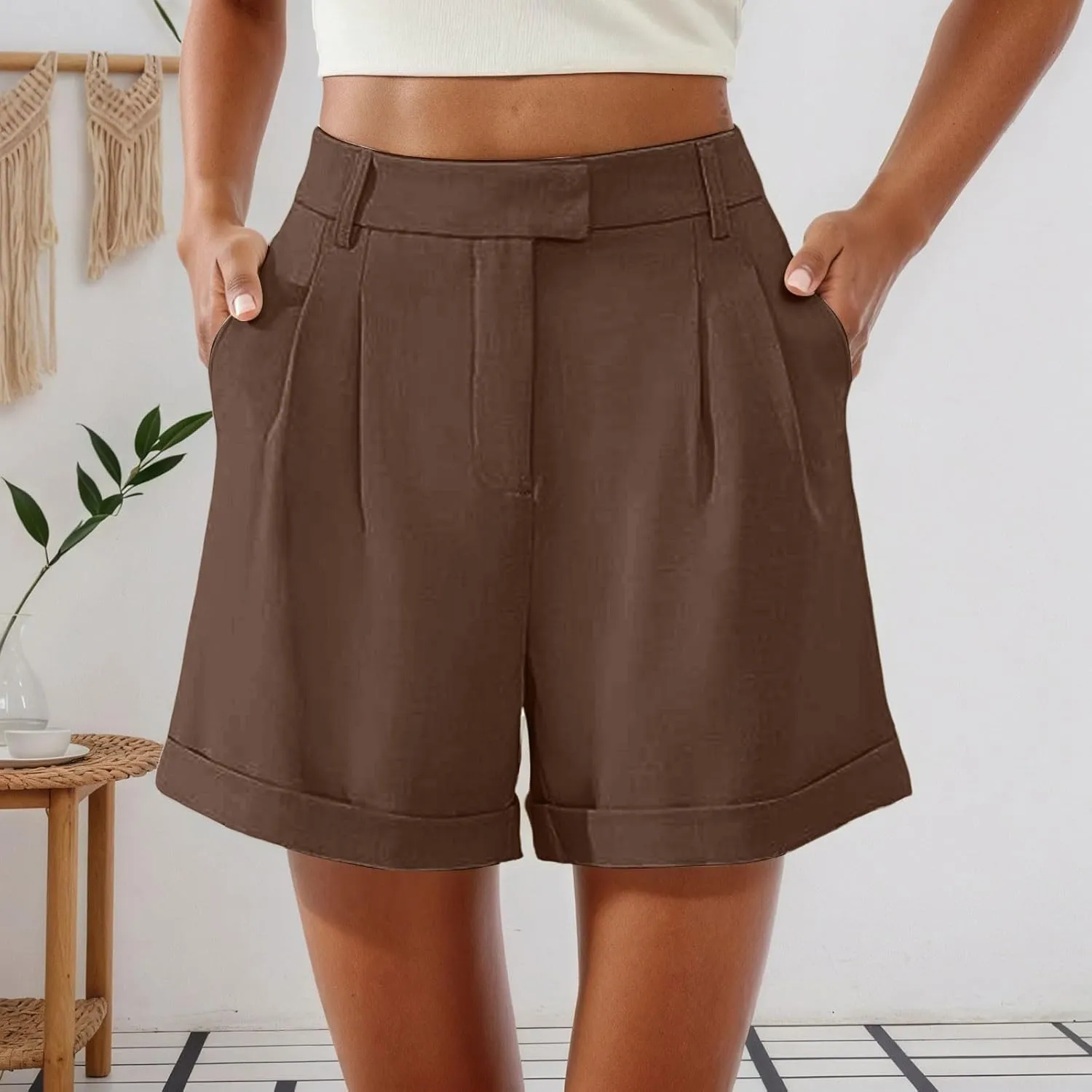 Shorts for Women Dressy Casual Summer Elastic Waist in The Back Pleated Wide Leg Tailored Work Trouser Shorts