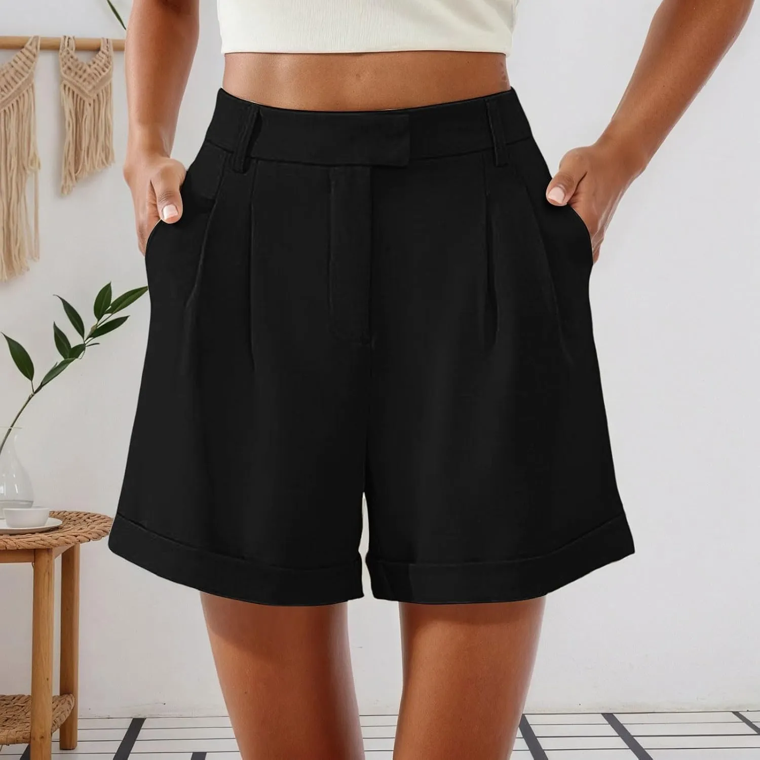 Shorts for Women Dressy Casual Summer Elastic Waist in The Back Pleated Wide Leg Tailored Work Trouser Shorts