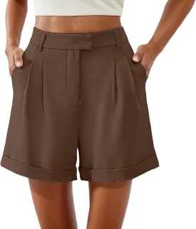 Shorts for Women Dressy Casual Summer Elastic Waist in The Back Pleated Wide Leg Tailored Work Trouser Shorts