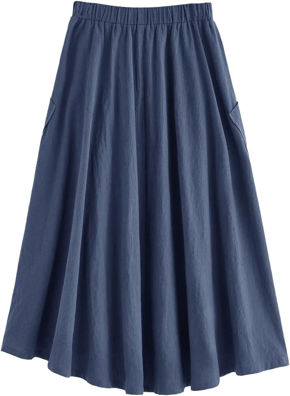 SweatyRocks Women's Casual High Waist Pleated A-Line Midi Skirt with Pocket