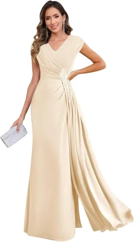 VCCICANY Cap Sleeves Mermaid Mother of The Bride Dresses Long for Women Chiffon Ruched V Neck Formal Dresses