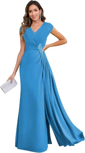 VCCICANY Cap Sleeves Mermaid Mother of The Bride Dresses Long for Women Chiffon Ruched V Neck Formal Dresses