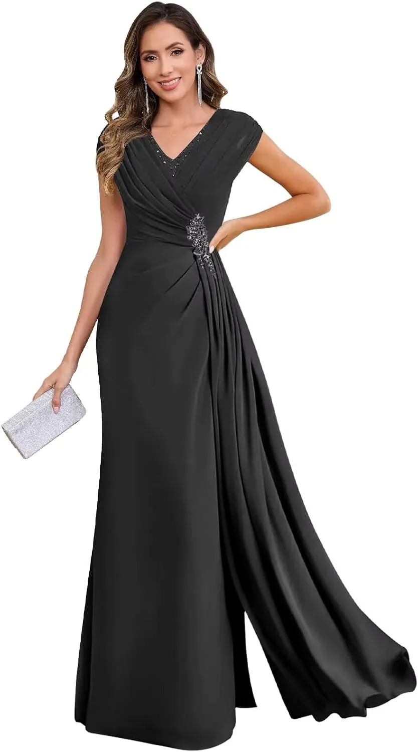 VCCICANY Cap Sleeves Mermaid Mother of The Bride Dresses Long for Women Chiffon Ruched V Neck Formal Dresses