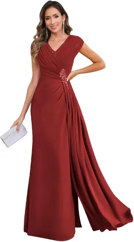 VCCICANY Cap Sleeves Mermaid Mother of The Bride Dresses Long for Women Chiffon Ruched V Neck Formal Dresses