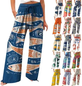 Women High Waisted Cotton Linen Palazzo Pants Dog Fish Graphic Wide Leg Long Lounge Pant Trousers with Pocket