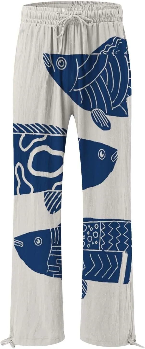 Women High Waisted Cotton Linen Palazzo Pants Dog Fish Graphic Wide Leg Long Lounge Pant Trousers with Pocket