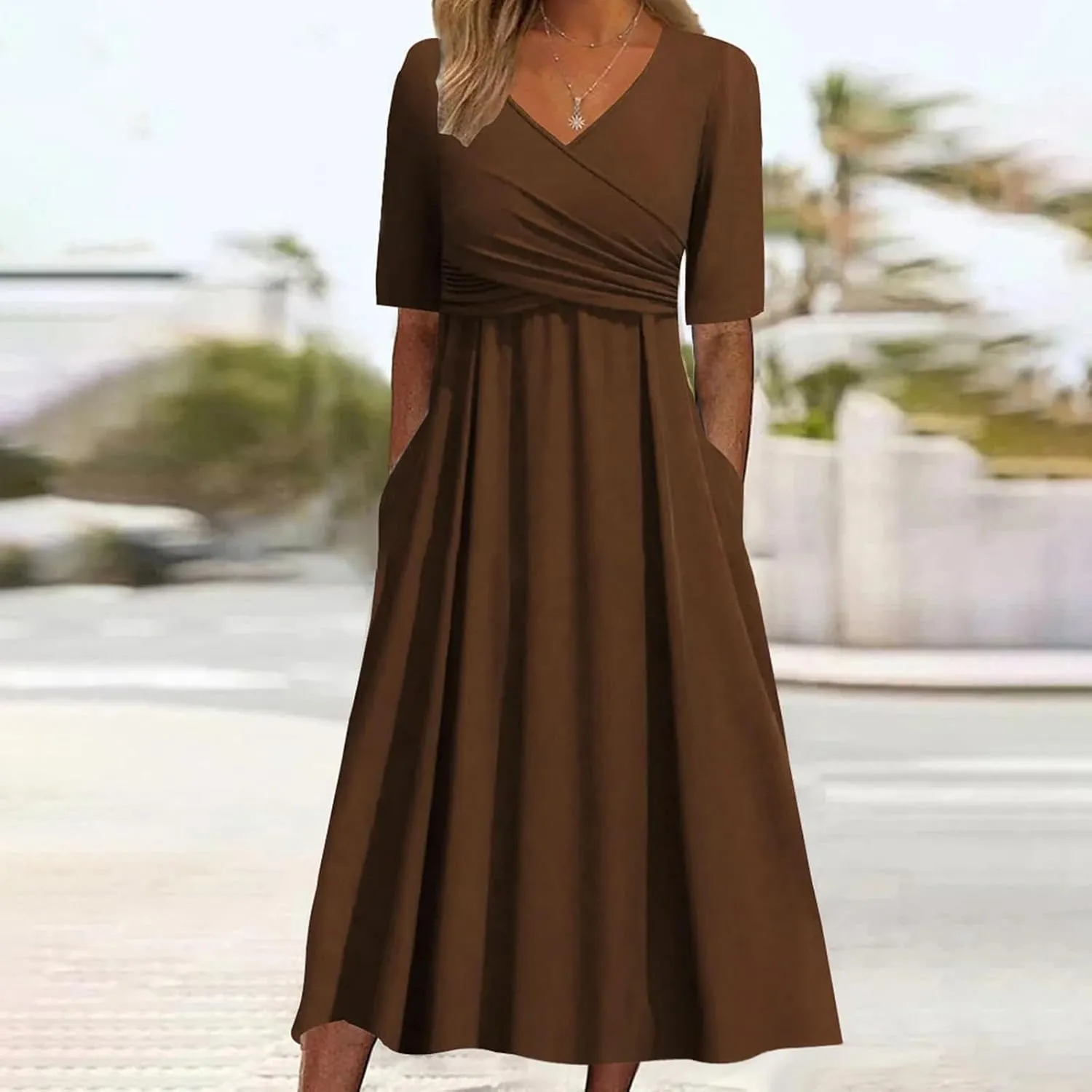 Women's Boho Floral Flowy A Line Midi Dress Casual Summer Short Sleeve Beach Vacation Dresses with Pockets