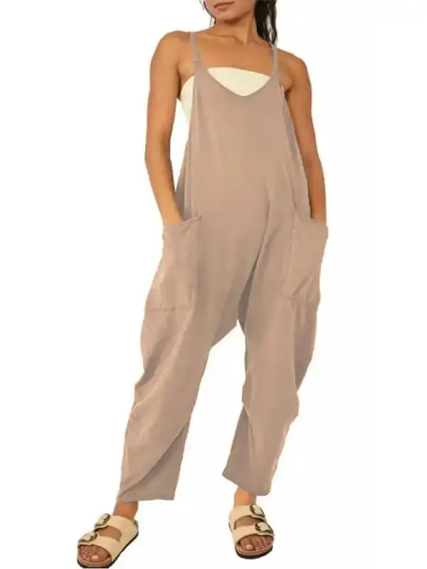 Women’s casual solid color V-neck suspender pocket jumpsuit
