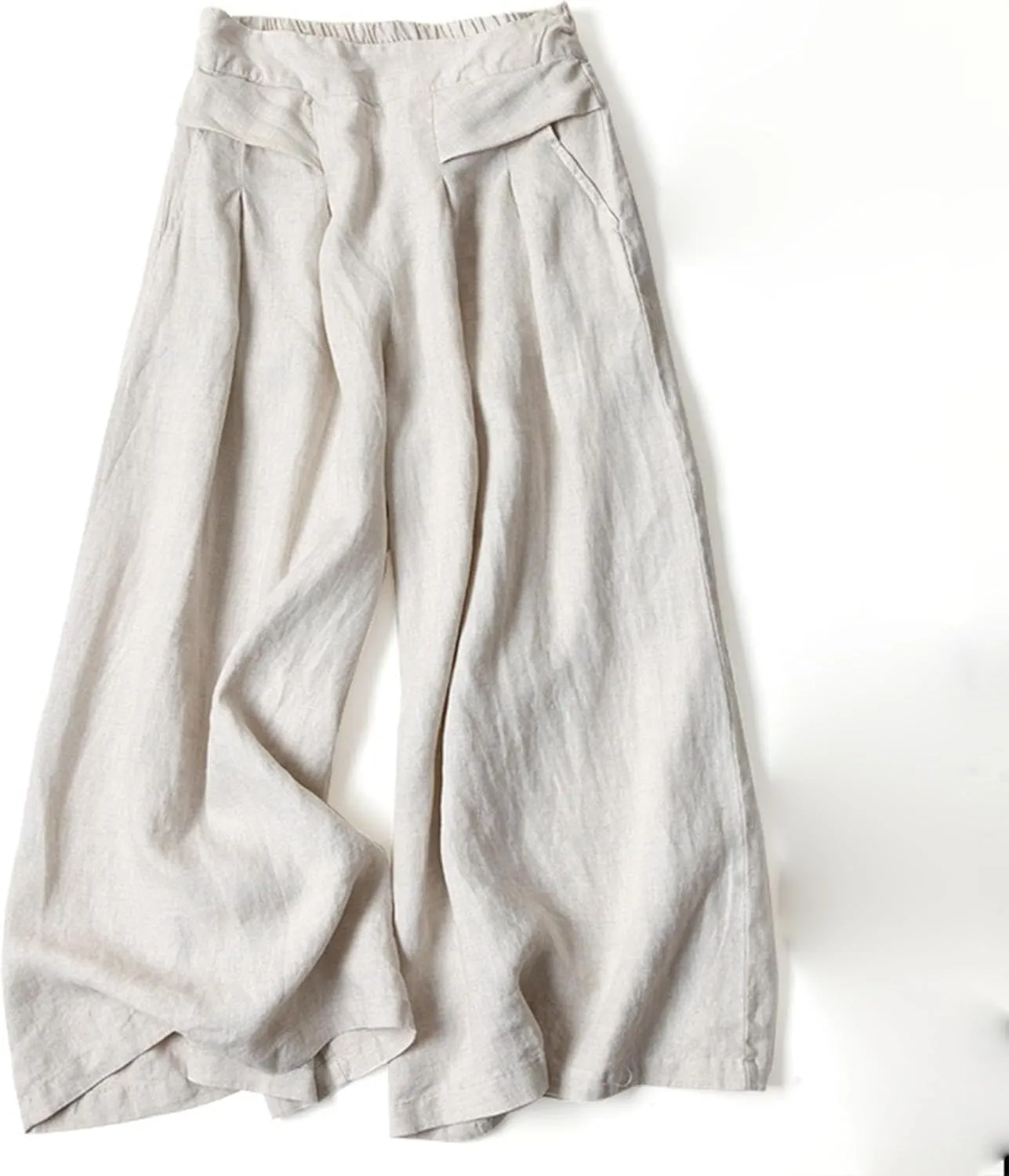 Women's Drawstring Elastic Waist Linen Blend Pants Loose Fit Palazzo Pants Beach Wide Leg Trouser with Pockets