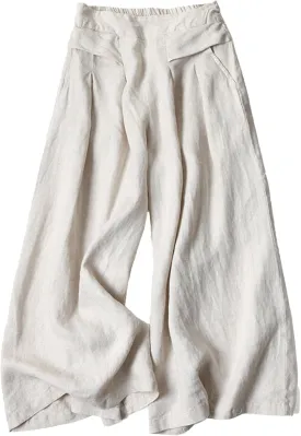 Women's Drawstring Elastic Waist Linen Blend Pants Loose Fit Palazzo Pants Beach Wide Leg Trouser with Pockets