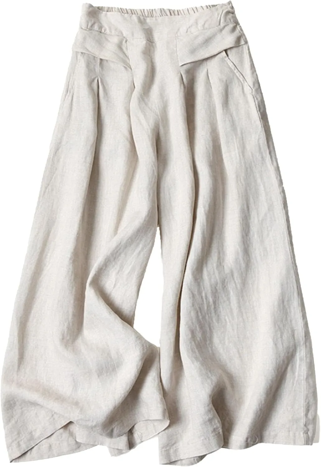 Women's Drawstring Elastic Waist Linen Blend Pants Loose Fit Palazzo Pants Beach Wide Leg Trouser with Pockets