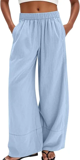 Womens Linen Pants Summer Wide Leg Pants High Waisted Flowy Palazzo Pant Boho Cotton Linen Beach Pants 2025