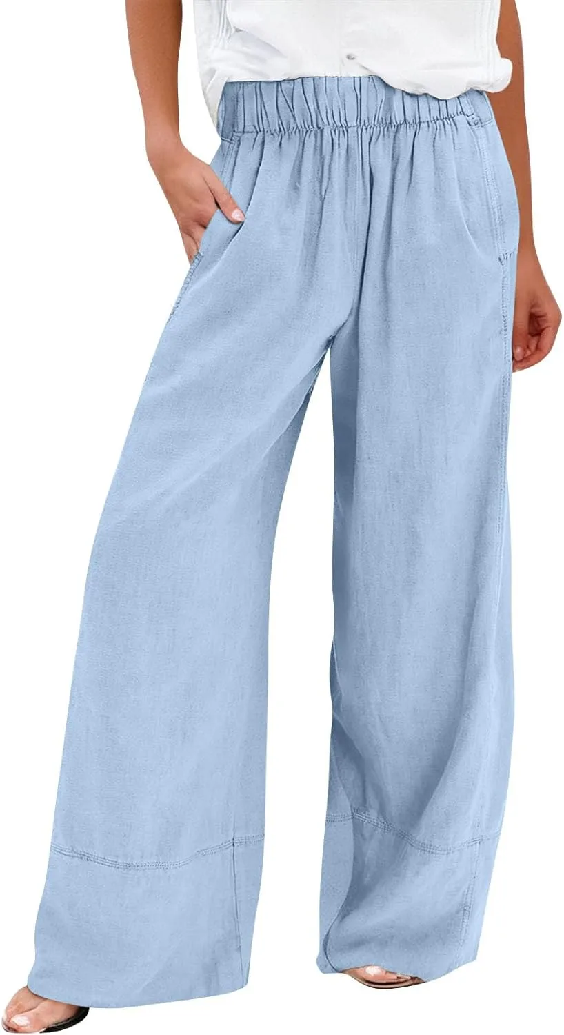 Womens Linen Pants Summer Wide Leg Pants High Waisted Flowy Palazzo Pant Boho Cotton Linen Beach Pants 2025