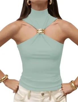 Womens Sleeveless Mock Neck Tops Pleated Twist Front Slim Fit Summer Date Night Clubwear High Neck Tank Tops