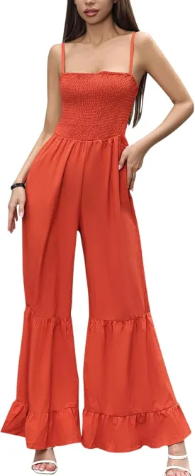 Women's Summer Casual Jumpsuits One Piece Sleeveless Smocked Rompers Loose High Waist Wide Leg Jumpers with Pocket