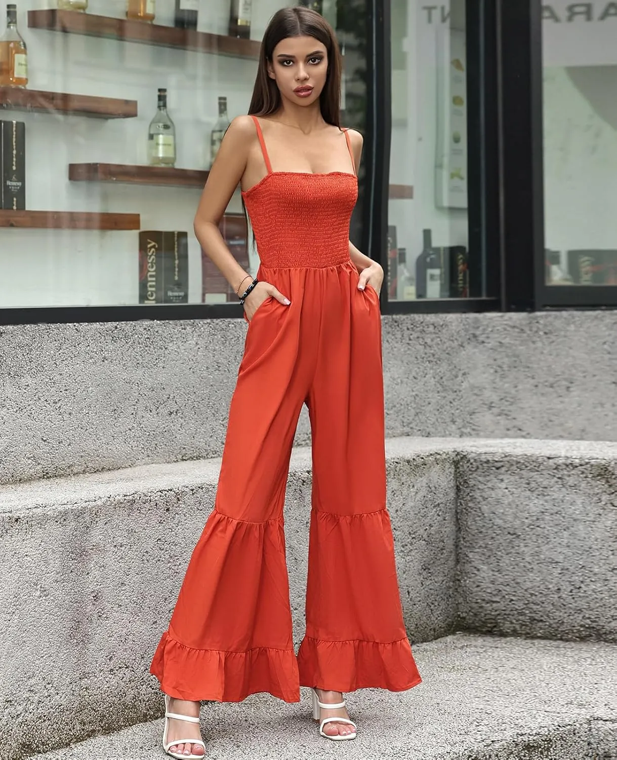 Women's Summer Casual Jumpsuits One Piece Sleeveless Smocked Rompers Loose High Waist Wide Leg Jumpers with Pocket