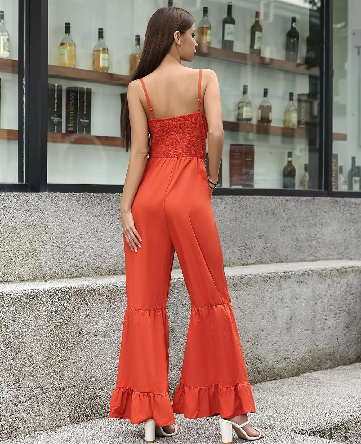 Women's Summer Casual Jumpsuits One Piece Sleeveless Smocked Rompers Loose High Waist Wide Leg Jumpers with Pocket