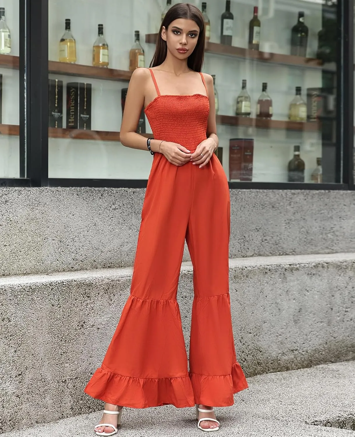 Women's Summer Casual Jumpsuits One Piece Sleeveless Smocked Rompers Loose High Waist Wide Leg Jumpers with Pocket