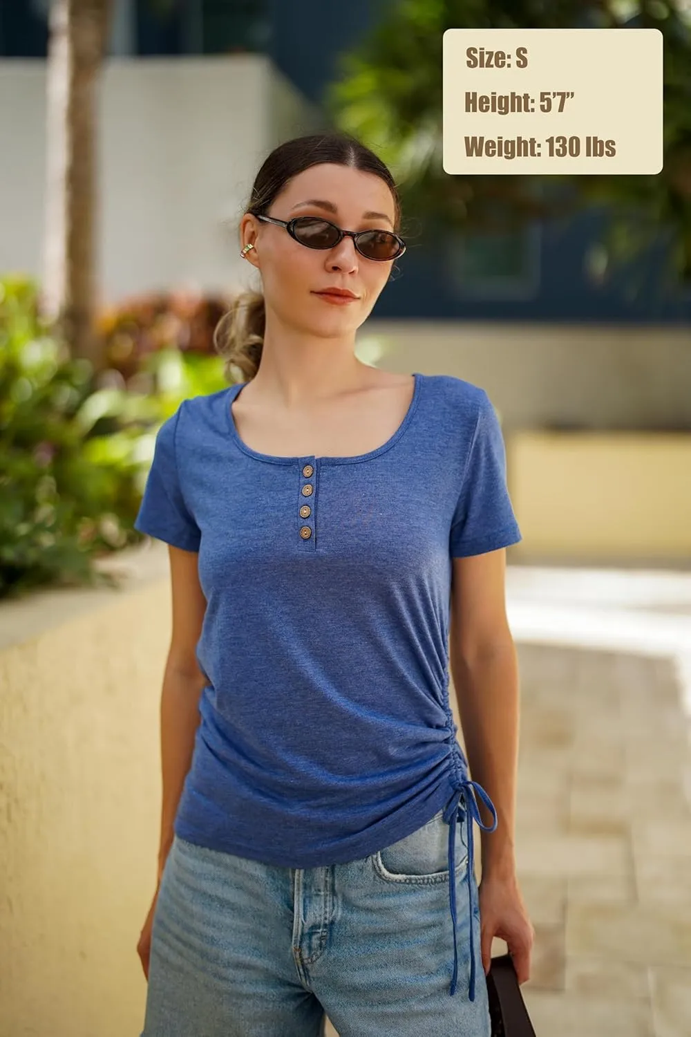 Womens Tops Short Sleeve Summer Henley Shirts Scoop Neck Ruched Button Blouses Dressy Casual Tunics Loose Fit Tops